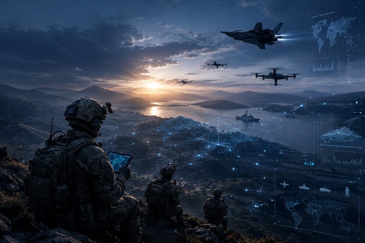 Soldiers on a coastal ridge at dusk reading a tablet, with drones and a fighter jet overhead and a live threat monitoring overlay across the terrain.