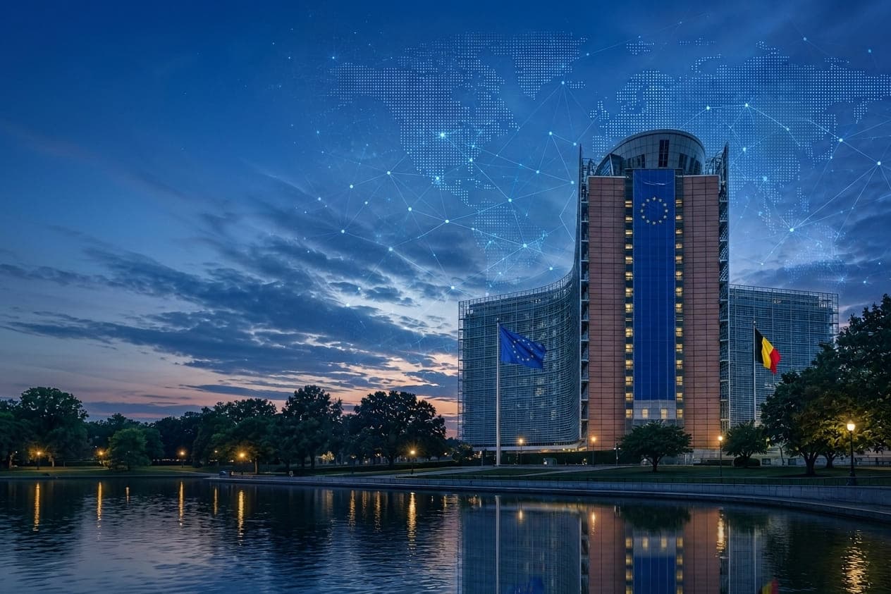 The Berlaymont building in Brussels, headquarters of the European Commission, at dusk with EU and Belgian flags outside and a network of linked data points across the sky.