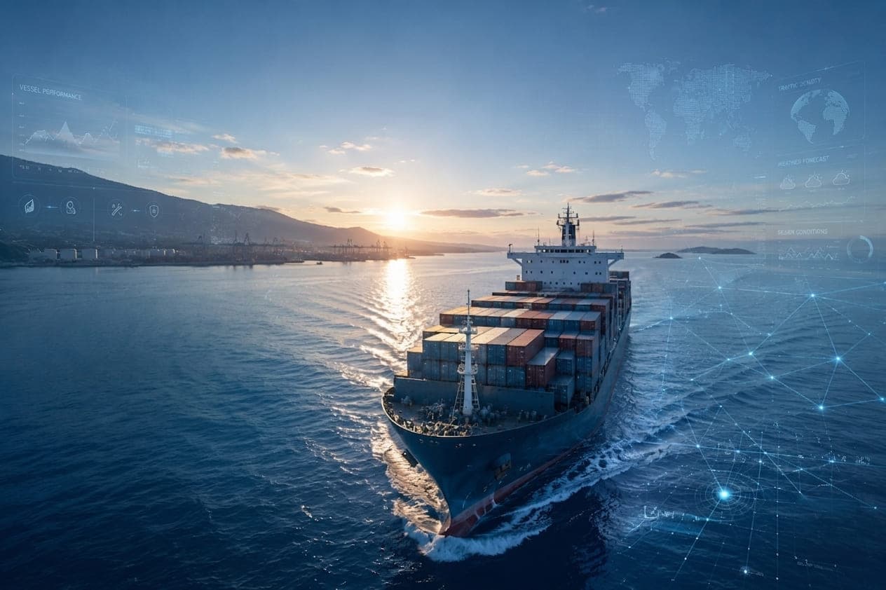 Aerial view of a loaded container ship approaching port at sunrise, overlaid with vessel performance, traffic density and weather monitoring panels.